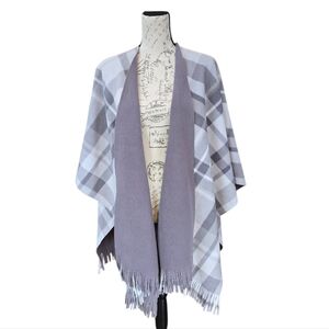 Rachel Roy Gray Plaid Fleece Fringed Poncho Cape OS